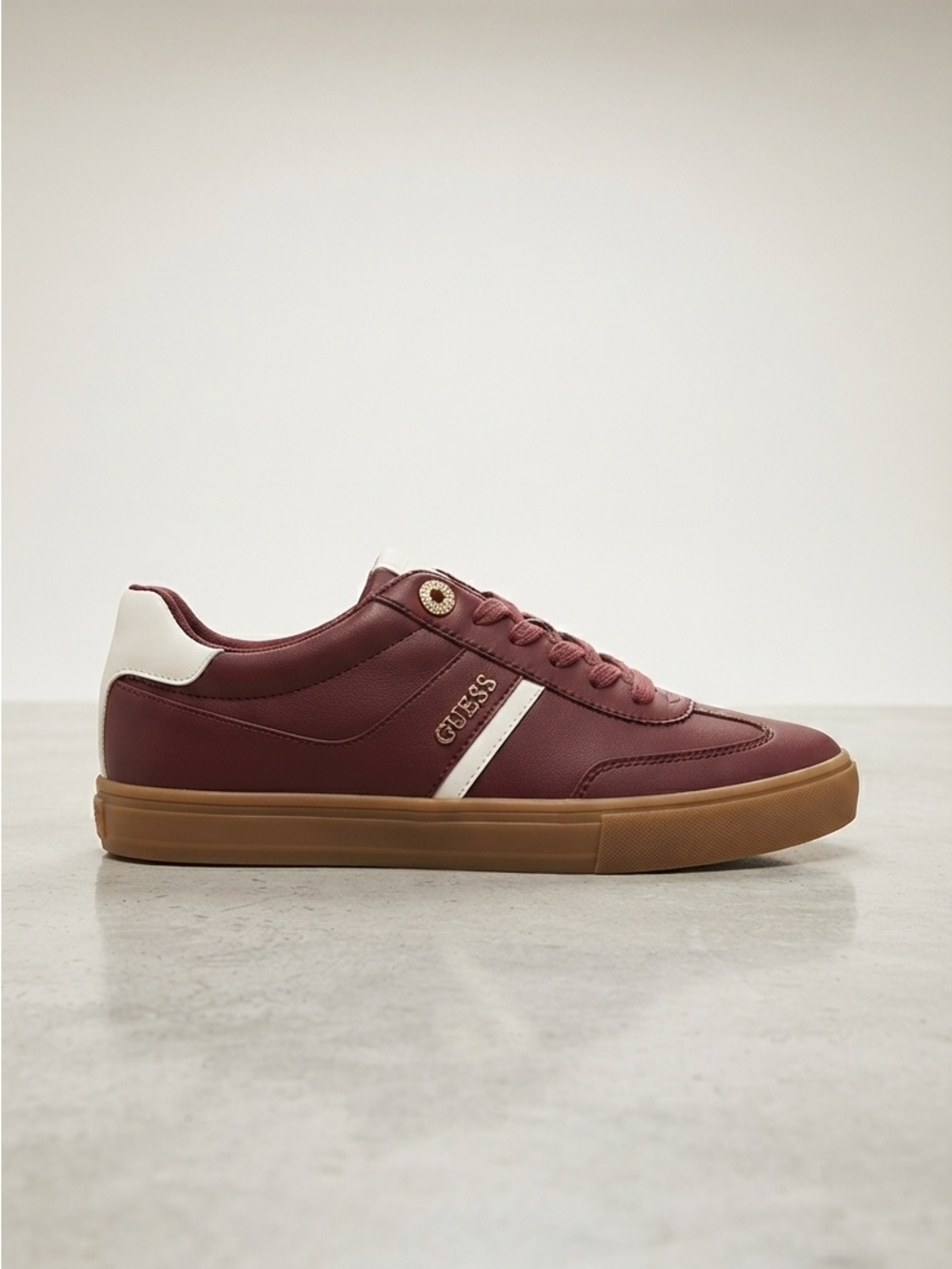 GUESS Men’s Burgundy and White Low-Top Sneakers with Gum Sole